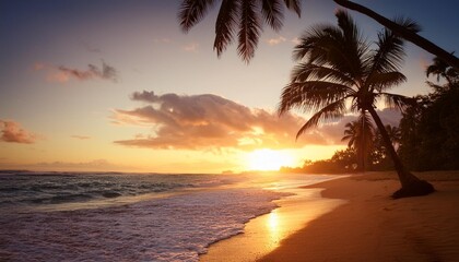 Wall Mural - beautiful sunset on a hawaiin beach with palm trees