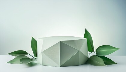 Wall Mural - abstract empty polygon podium with green leaves mock up stand for product presentation advertising template