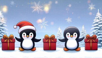 Wall Mural - penguins on a snow cute penguins with christmas gifts cartoon illustration