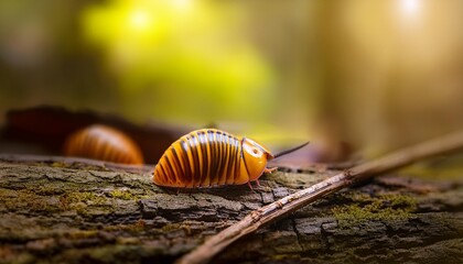 isopod cubaris rubber ducky on the bark in the deep forest macro shot isopods