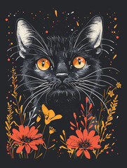 Wall Mural - Cute black cat. Hand drawn illustration for t-shirt.