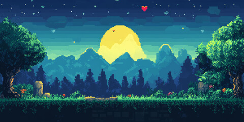 Wall Mural - pixel art game background with button level up. game design concept in retro style.