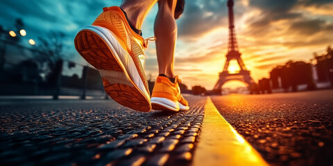 Wall Mural - running shoes of an athlete whos running towards the eiffel tower of paris at sunset