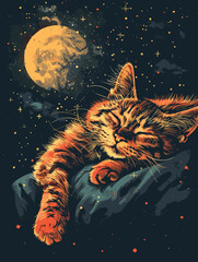 Wall Mural - Cute cat sleeping on the moon. Hand drawn vector illustration.