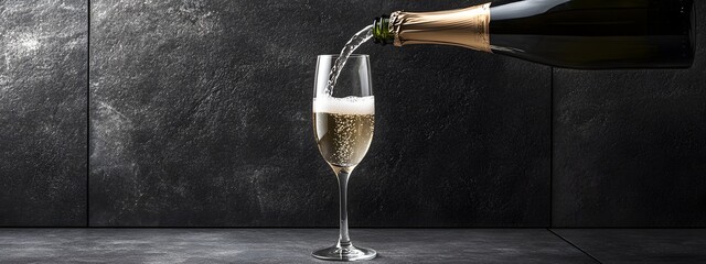 Photo of a bottle being poured into an elegant champagne glass, with the sparkling bubbles visible against grey stone tiles in a minimalist setting