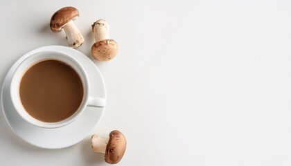 Wall Mural - mushroom coffee in white porcelain vintage cup over white background new superfood trend copy space selective focus banner