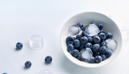 a white bowl filled with ripe blueberries and ice on a white table