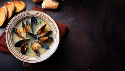 Wall Mural - fresh cooked mussel soup in a beautiful plate on a dark background with spices bread