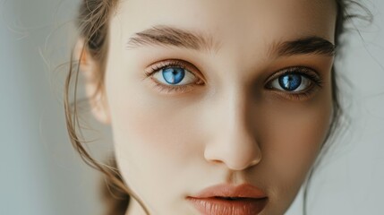 A close-up of a person with striking blue eyes and a calm expression, under natural, soft lighting.