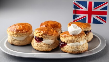 Wall Mural - scones tea cakes with jam clotted cream with the flag of great britain traditional british teatime grey background