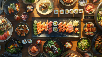 Japanese restaurant dinner table spread in top-down view, array of beautifully plated sushi, sashimi, tempura, surrounded, fresh salads, traditional Japanese food