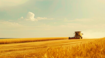 Sticker - A lone harvester working the vast golden fields under a clear sky, symbolizing agricultural dedication and the bounty of the land.