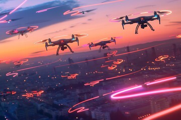 An AI-powered drone swarm performing synchronized maneuvers in the sky, glowing with neon trails, against a backdrop of a twilight cityscape, in a dynamic, energetic, and precise style