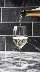 Photo of a bottle being poured into an elegant champagne glass, with the sparkling bubbles visible against grey stone tiles in a minimalist setting