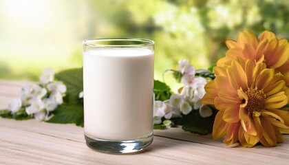 Wall Mural - a glass of milk is on a table next to some flowers