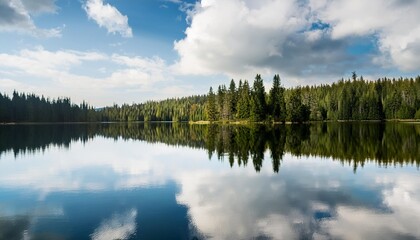 Wall Mural - tree line with still water lake and reflection of trees sky and clouds