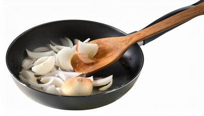 Wall Mural - onion being sauteed in a pan with a wooden spoon