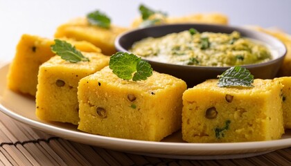 Wall Mural - chana dal dhokla served with mint chutney selective focus