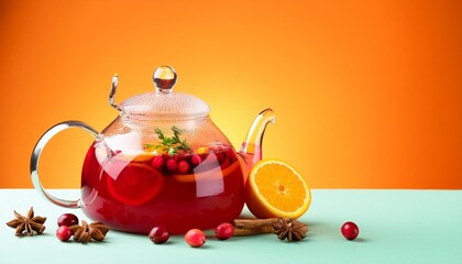 Wall Mural - tea with cranberries orange and spices in glass teapot isolated on colorful background