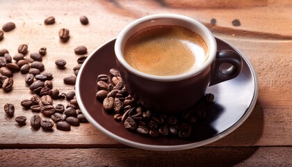 espresso coffee cup with beans on vintage table