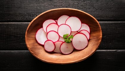 Wall Mural - thin radish slices in a wooden plate on black rustic table vegetable salad food photography