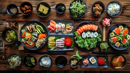 Japanese restaurant dinner table spread in top-down view, array of beautifully plated sushi, sashimi, tempura, surrounded, fresh salads, traditional Japanese food