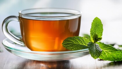 Wall Mural - tea cup with fresh mint leaves refreshing beverage