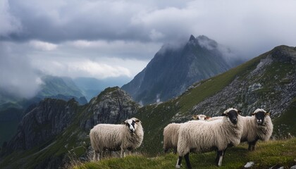 Wall Mural - sheep in the mountains on a cloudy day mountain landscape