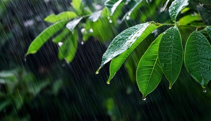 Wall Mural - rain water falling on green leaves dark tone