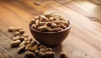 peanuts on a table a rustic wooden bowl filled with peanuts placed on a wooden table the image captures the texture and natural colors of the peanuts and the bowl with perfect lighting highlightin