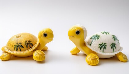 souvenir turtles with yellow and white shells are placed on a white background opposite each other the carapaces depict palm trees the sea and a small turtle