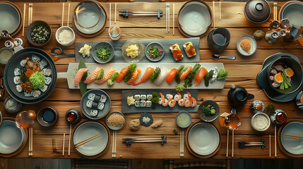 Japanese restaurant dinner table spread in top-down view, array of beautifully plated sushi, sashimi, tempura, surrounded, fresh salads, traditional Japanese food