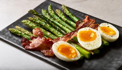 roasted asparagus avocado boiled eggs and bacon in a stone plate close up