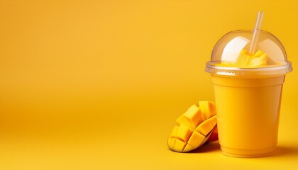 mango smoothie milkshake in plastic takeaway cup isolated on yellow background with copy space