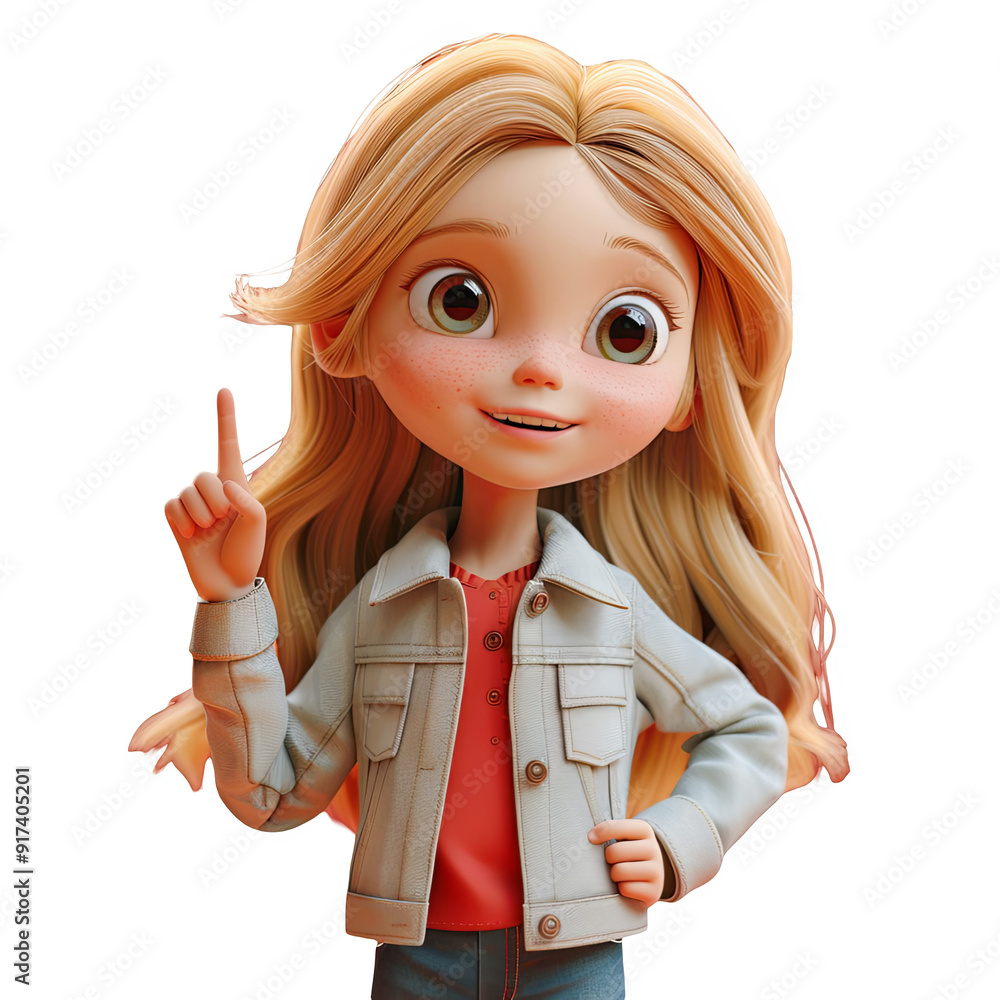3D Cartoon Girl Character Pointing Up With Index Finger Isolated on ...