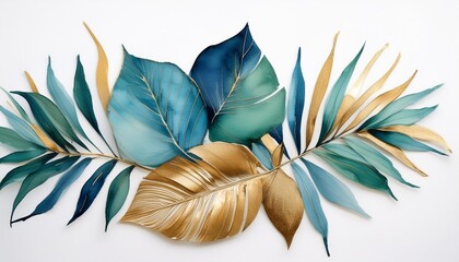 exotic foliage watercolor art with blue green and gold leaves on white background