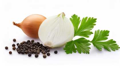 parsley leaf onion and black pepper isolated on white