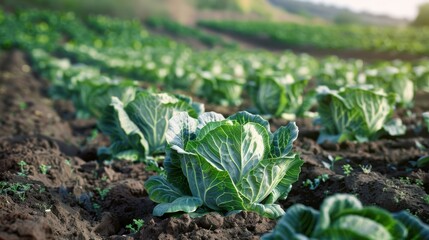 Canvas Print - Rows of green cabbage plants in a field under soft sunlight, representing fertile agriculture and healthy crops in the making.