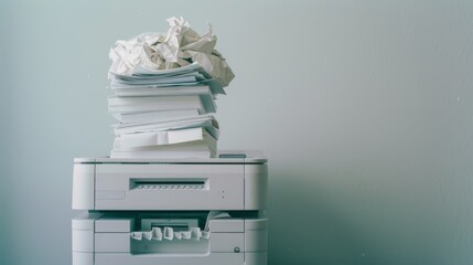 A printer overflows with crumpled papers, highlighting frustration and the chaos of office work.