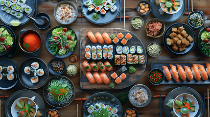 Japanese restaurant dinner table spread in top-down view, array of beautifully plated sushi, sashimi, tempura, surrounded, fresh salads, traditional Japanese food