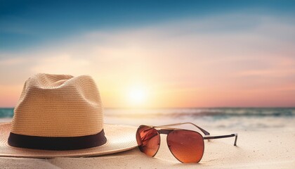 a peaceful beach scene featuring a sun hat sunglasses