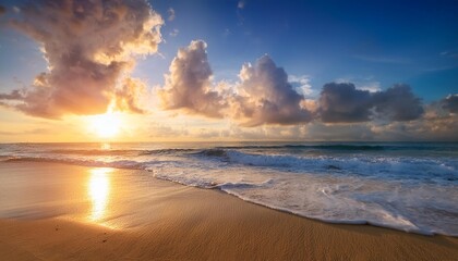 Wall Mural - beautiful cloudscape over tropical sea and beach shore sunrise over ocean horizon