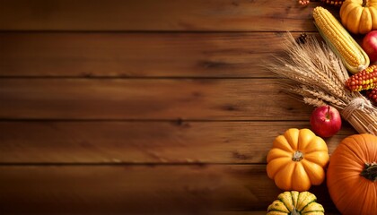 autumn harvest display with pumpkins apples indian corn squash and wheat on rustic wooden background with ample copy space