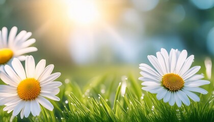 two daisy flowers on green grass in sunny weather