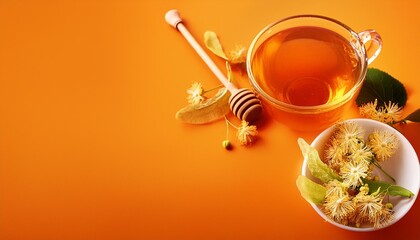 Wall Mural - cup of linden tea and bowl with honey on orange background