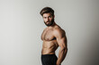 © Serge's AI Art - Muscular Young Man with Beard and Styled Hair in Black Shorts, Studio Side Profile