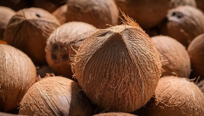 a pile of tropical fruit whole unpeeled hairy coconut exotic fruit close up