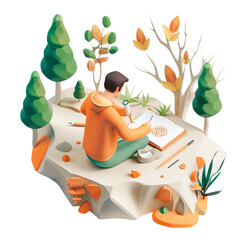 Wall Mural - 3d illustration of a young scientist examining samples in a whimsical forest setting with colorful t