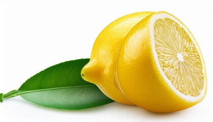 lemon fruit with leaf isolated whole lemon and a half with leaves on white background lemons isolated with clipping path full depth of field