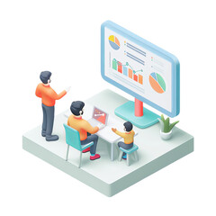 Wall Mural - 3d illustration of business people analyzing charts and graphs on a large screen in an office settin